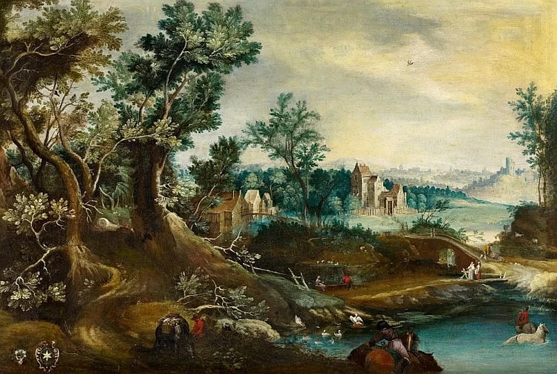 Ampio paesaggio boschivo con castelli e cascine